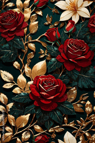 Golden and red roses botanical design with rich details