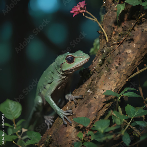 a small green frog sitting on a tree branch
