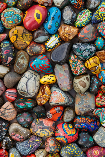 A dense collection of small rocks painted with various designs and colors, filling the entire frame. The rocks display patterns, animals, and abstract art, creating a whimsical and creative background