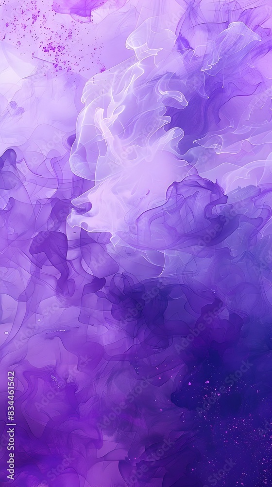 Fototapeta premium Ethereal and Moody Purple Watercolor Backdrop with Lively Ink Blots Spills Deckled Rag Paper Textures