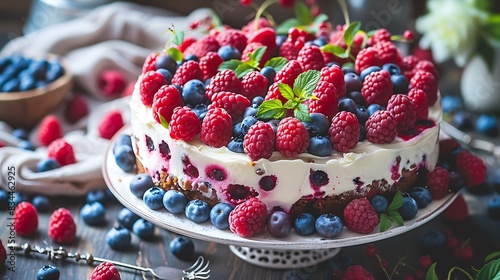 Many fresh rasp berries cream cake with blueberries and rasp berries photo