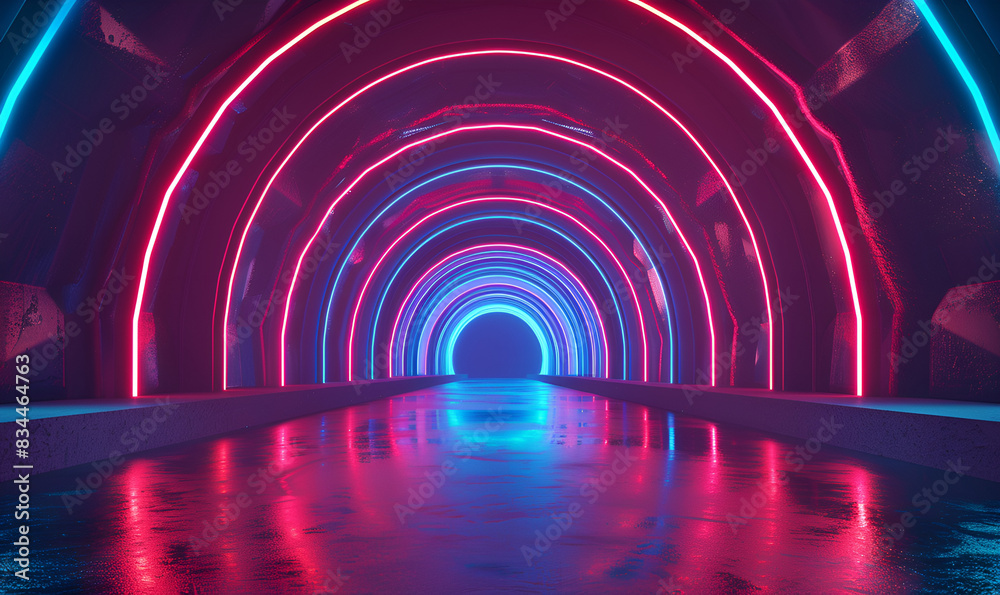 A neon tunnel with pink and blue lights. The tunnel is long and narrow. The lights are bright and colorful, creating a fun and energetic atmosphere A neon tunnel with pink and blue lights. The tunnel is long and narrow. The lights are bright and colorful, creating a fun and energetic atmosphere