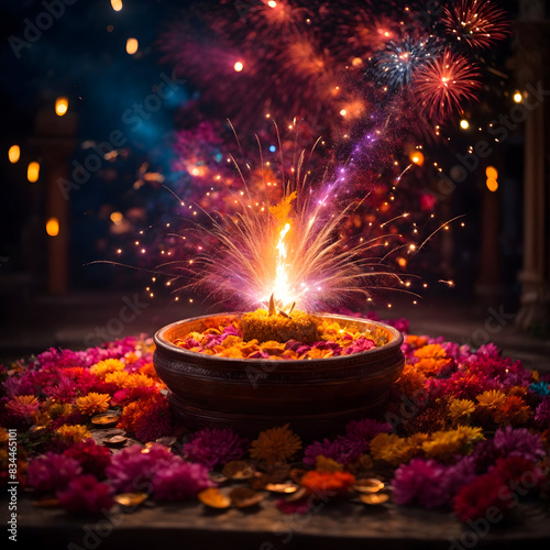 A vibrant explosion of colors cascading in a mesmerizing diwali firework display photo