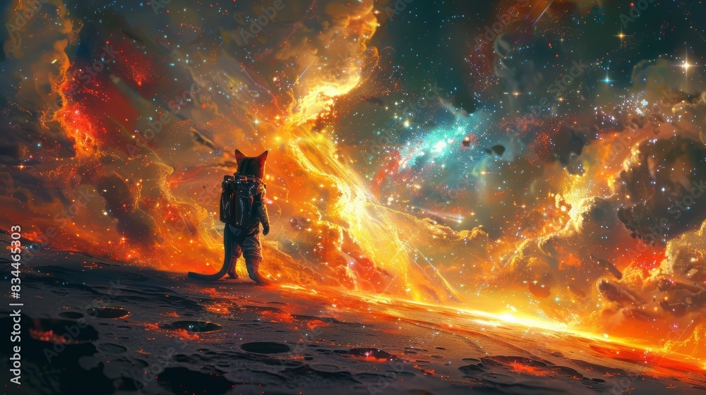 Imaginary space scene depicting a cat as an astronaut, standing on a vibrant orange landscape with a colorful nebula in the background. Imaginary space scene depicting a cat as an astronaut, standing on a vibrant orange landscape with a colorful nebula in the background.
