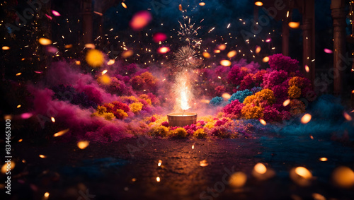 A vibrant explosion of colors cascading in a mesmerizing diwali firework display