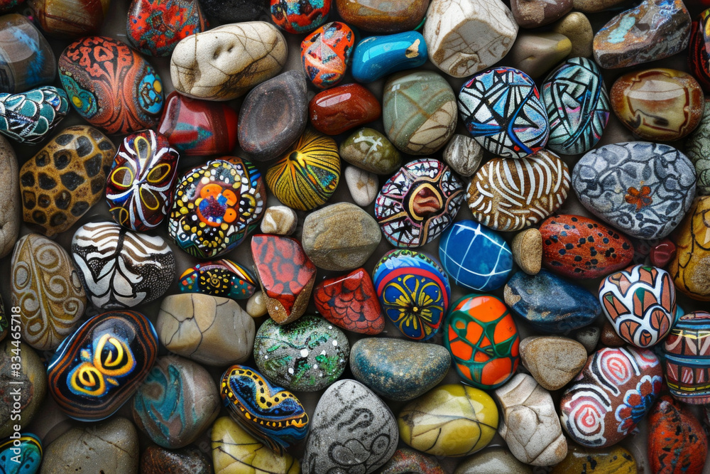 A dense collection of small rocks painted with various designs and colors, filling the entire frame. The rocks display patterns, animals, and abstract art, creating a whimsical and creative background