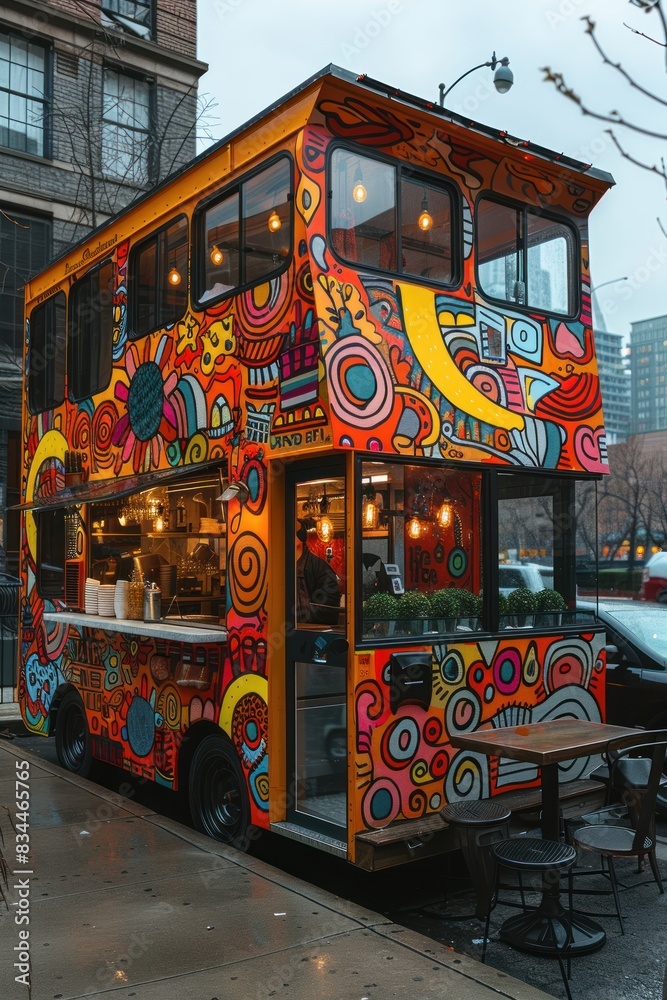 Fototapeta premium Sleek Minimalist Food Truck with Vibrant Street Art