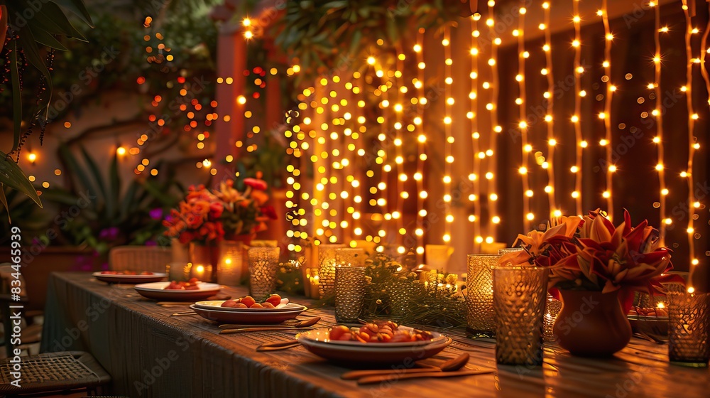 Obraz premium A cheerful party setting with twinkling fairy lights. - Event decoration background
