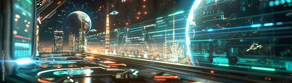 Visual of a high-tech environment with virtual reality elements, holograms, and digital data flows, representing the future of digital transformation and next-gen technology Visual of a high-tech environment with virtual reality elements, holograms, and digital data flows, representing the future of digital transformation and next-gen technology