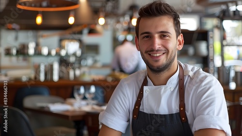 Happy Young Restaurant Manager in Uniform Smiling at photo