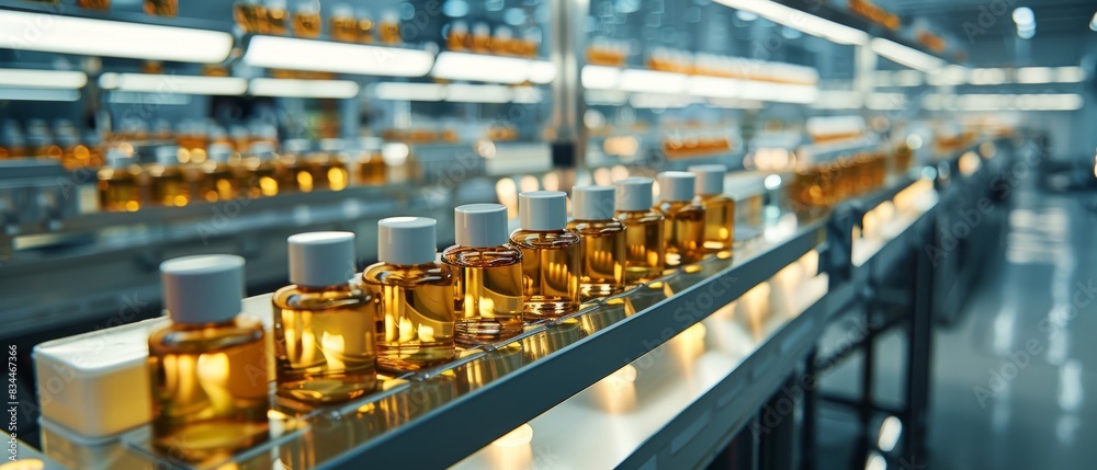 Rows of perfume bottles on a production line in a factory setting, showcasing precision manufacturing and technology in the fragrance industry.