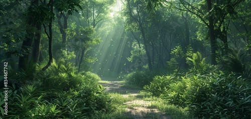 Fototapeta Naklejka Na Ścianę i Meble -  Serene forest path bathed in sunlight, surrounded by lush green foliage, creating a tranquil and peaceful natural scene.
