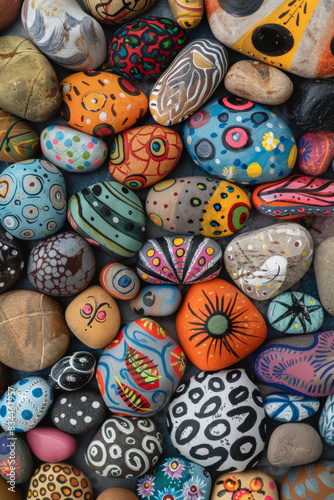 A dense collection of small rocks painted with various designs and colors, filling the entire frame. The rocks display patterns, animals, and abstract art, creating a whimsical and creative background