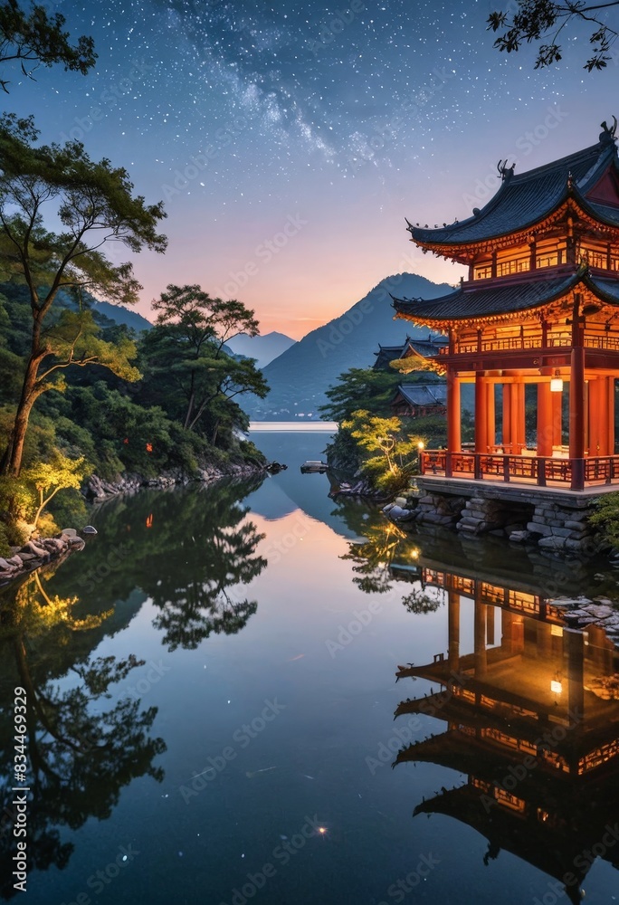 Chinese Temple on a Lake at Night Chinese Temple on a Lake at Night