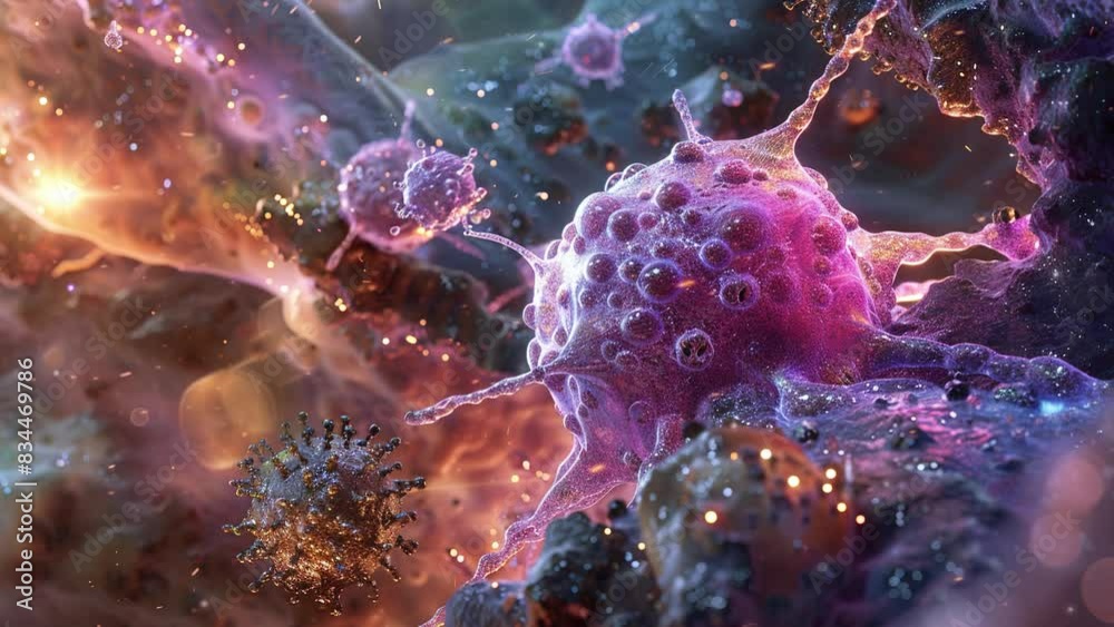 Tumor microenvironment concept with cancer cells, T-Cells, nanoparticles, cancer associated fibroblast layer of tumor microenvironment normal cells, molecules, and blood vessels 3d rendering, 4K Tumor microenvironment concept with cancer cells, T-Cells, nanoparticles, cancer associated fibroblast layer of tumor microenvironment normal cells, molecules, and blood vessels 3d rendering, 4K
