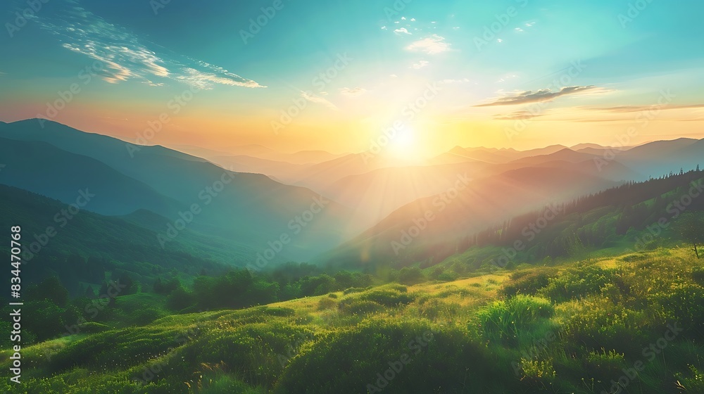 Fototapeta premium Mountain valley during sunrise beutiful natural landsscape in the summer time