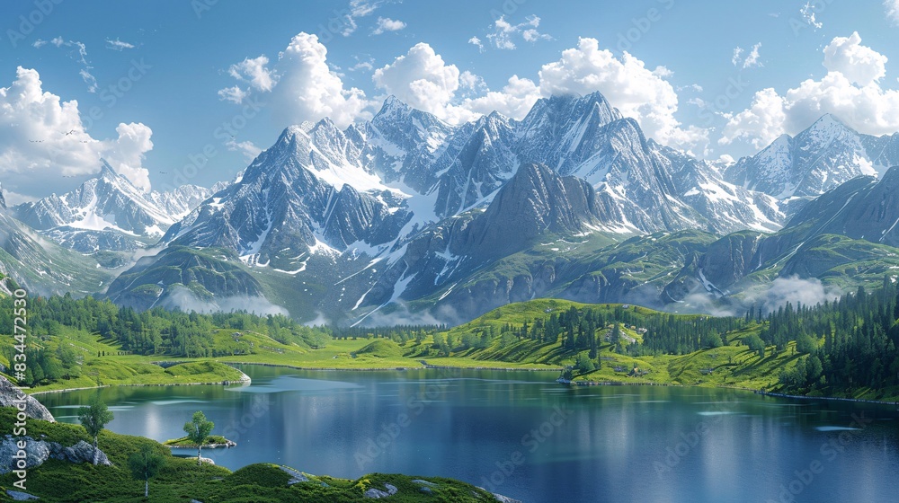 Fototapeta premium A majestic mountain range with pristine lakes in the foreground
