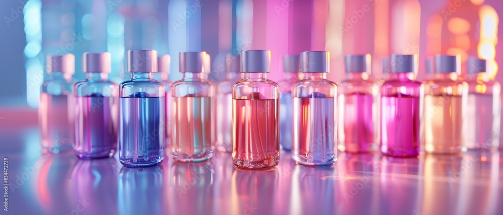 A collection of colorful glass bottles filled with different liquid solutions, beautifully arranged under a captivating light display. A collection of colorful glass bottles filled with different liquid solutions, beautifully arranged under a captivating light display.