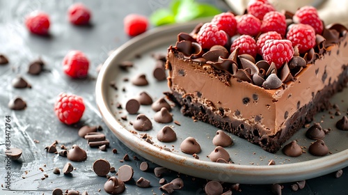 Nice serving of chocolate cheese cake decorated with chocolate chips and rasp berrie