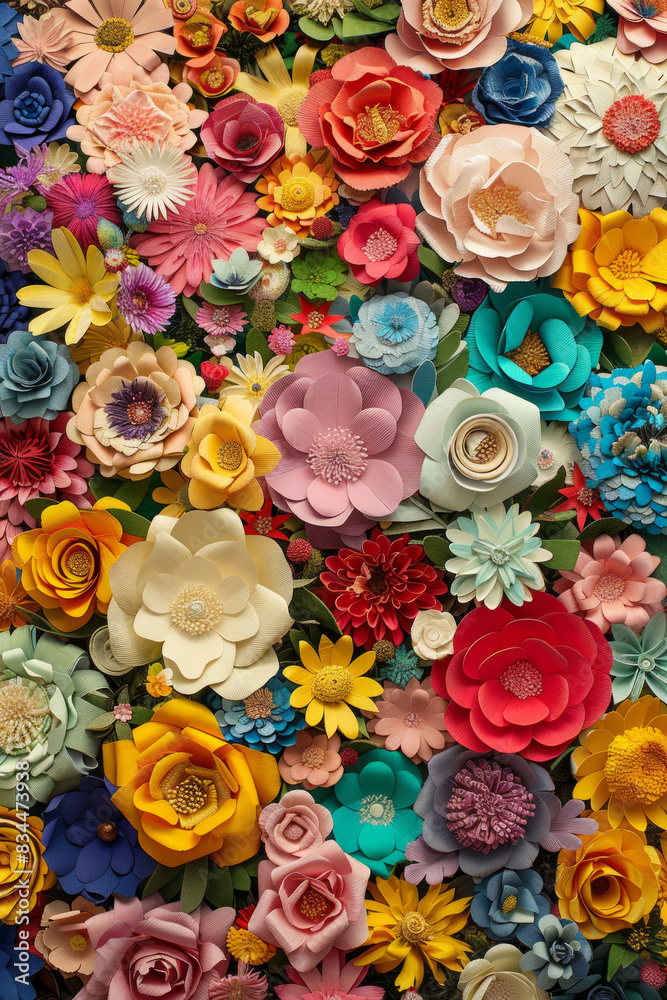 A dense arrangement of paper flowers in various colors and designs, filling the entire frame. The flowers display intricate details and vibrant hues, creating a beautiful and artistic background. A dense arrangement of paper flowers in various colors and designs, filling the entire frame. The flowers display intricate details and vibrant hues, creating a beautiful and artistic background.