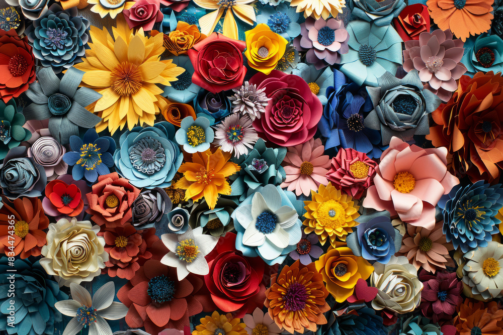 A dense arrangement of paper flowers in various colors and designs, filling the entire frame. The flowers display intricate details and vibrant hues, creating a beautiful and artistic background. A dense arrangement of paper flowers in various colors and designs, filling the entire frame. The flowers display intricate details and vibrant hues, creating a beautiful and artistic background.