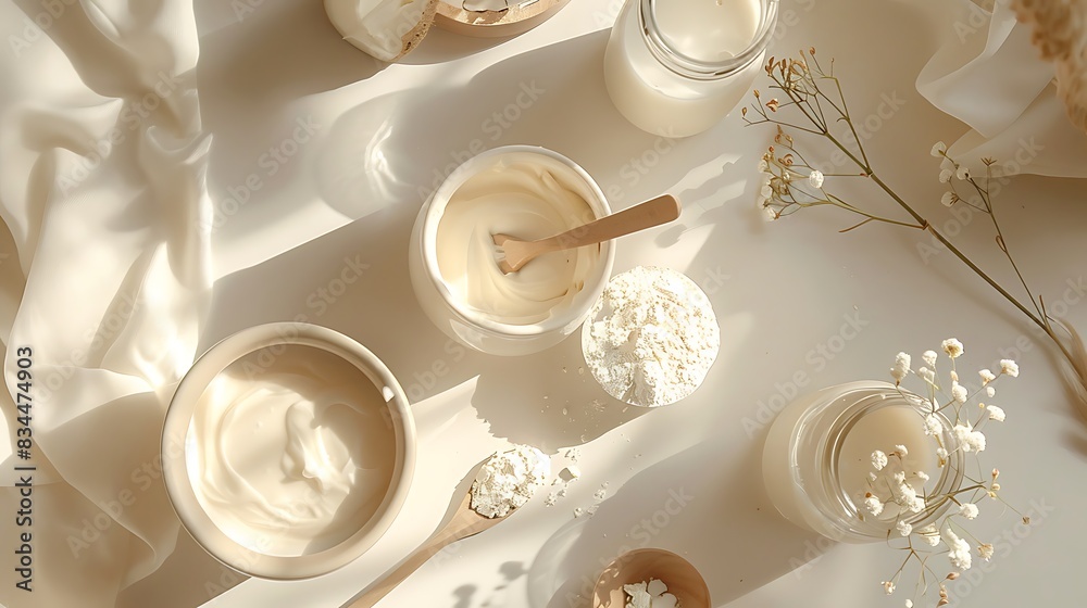 Organic dairy on white table