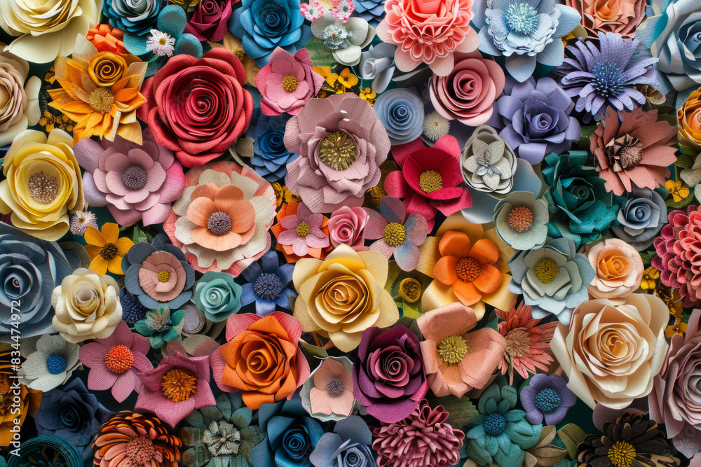 A dense arrangement of paper flowers in various colors and designs, filling the entire frame. The flowers display intricate details and vibrant hues, creating a beautiful and artistic background. A dense arrangement of paper flowers in various colors and designs, filling the entire frame. The flowers display intricate details and vibrant hues, creating a beautiful and artistic background.