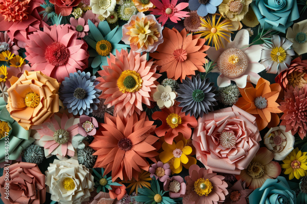 A dense arrangement of paper flowers in various colors and designs, filling the entire frame. The flowers display intricate details and vibrant hues, creating a beautiful and artistic background. A dense arrangement of paper flowers in various colors and designs, filling the entire frame. The flowers display intricate details and vibrant hues, creating a beautiful and artistic background.