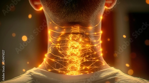A man's neck is lit up with bright lights, creating a surreal photo
