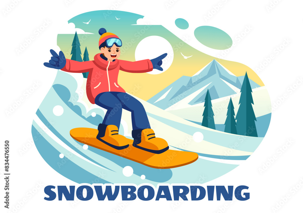 Snowboarding Vector Illustration Featuring People Sliding and Jumping on a Snowy Mountain Slope During Winter, Flat Style Cartoon Background