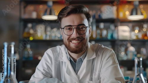 Smiling Young Chemist in White Lab Coat Doing Scientific Research in Laboratory
