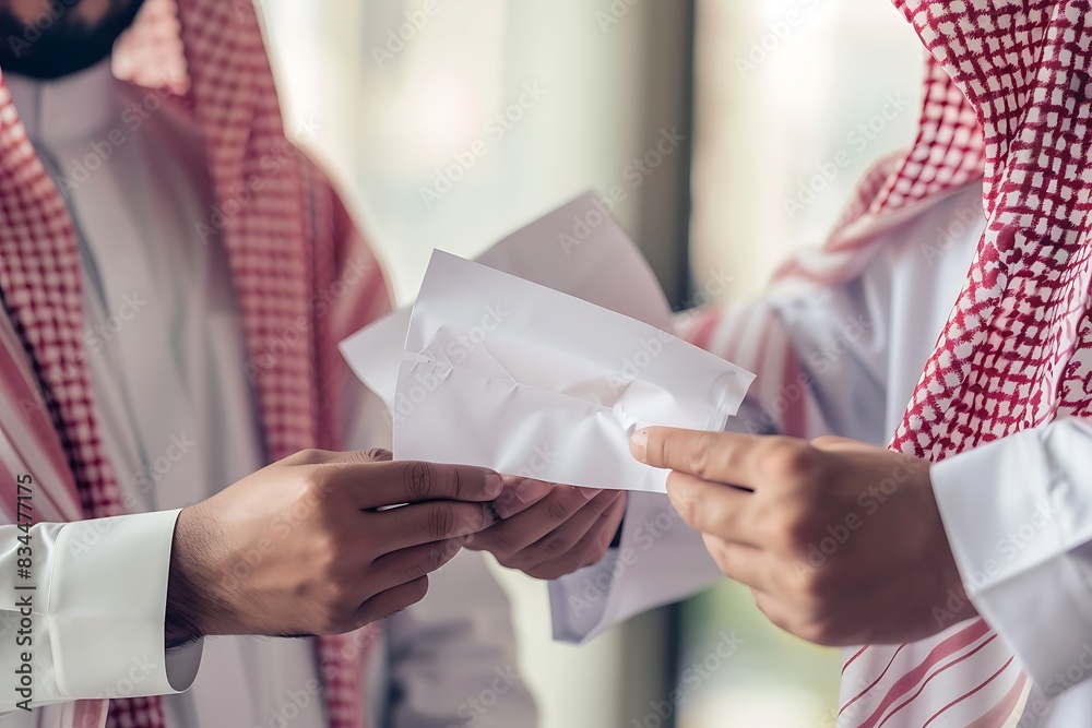 Two businessmen are holding cooperation contract papers. Two businessmen are holding cooperation contract papers.