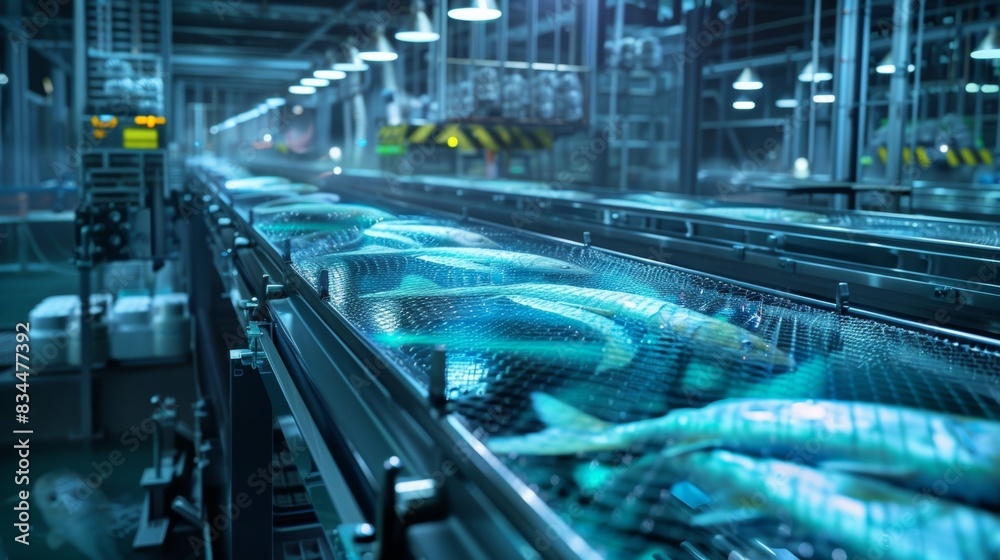 A conveyor belt transporting freshly caught fish from the tanks to the packaging area. A conveyor belt transporting freshly caught fish from the tanks to the packaging area.