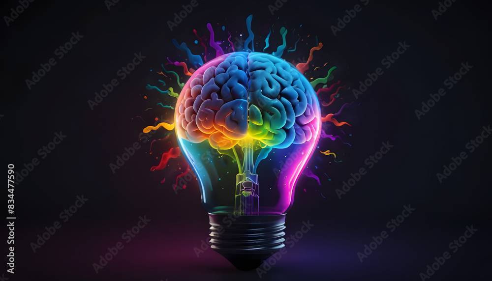 Abstract colorful human brain inside the creative light bulb with dark background. Generative Ai Abstract colorful human brain inside the creative light bulb with dark background. Generative Ai