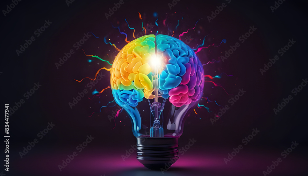 Abstract colorful human brain inside the creative light bulb with dark background. Generative Ai Abstract colorful human brain inside the creative light bulb with dark background. Generative Ai