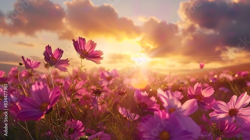 Pink cosmos flowers swaying wind sunset