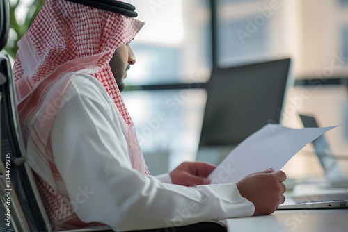 Arab saudi businessmen is holding cooperation contract papers.