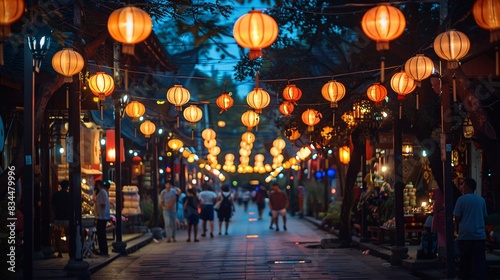 A festival street illuminated by rows of lanterns at night