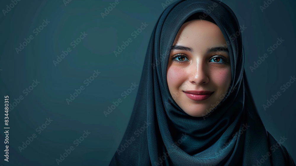Naklejka premium girl cute pretty young smile posting exited Muslim woman covered in beautiful hijab realistic photo in studio shooting full body photograph for advertising.