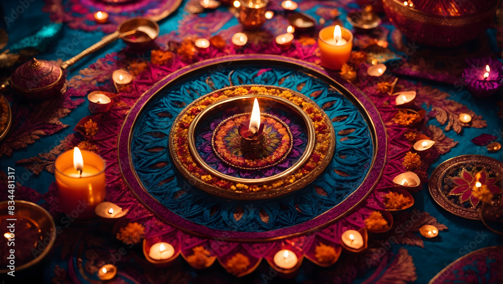 Diwali background design with diya lamp featuring a kaleidoscope of colors and patterns Diwali background design with diya lamp featuring a kaleidoscope of colors and patterns