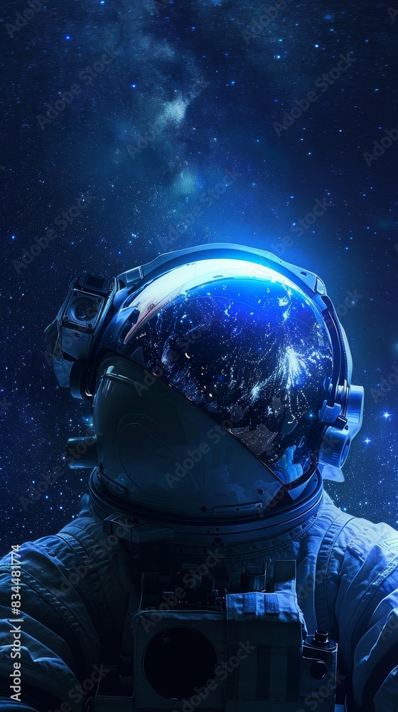 Astronaut in space suit with Earth glowing in their helmet Astronaut in space suit with Earth glowing in their helmet