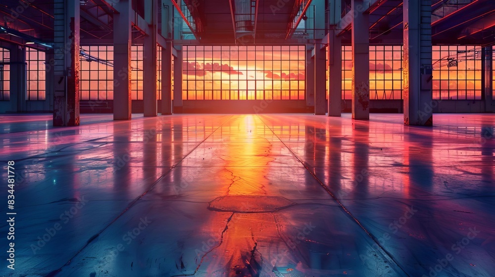 Sunset reflections in an industrial warehouse with large windows, creating a stunning and colorful display of light and architecture. Sunset reflections in an industrial warehouse with large windows, creating a stunning and colorful display of light and architecture.