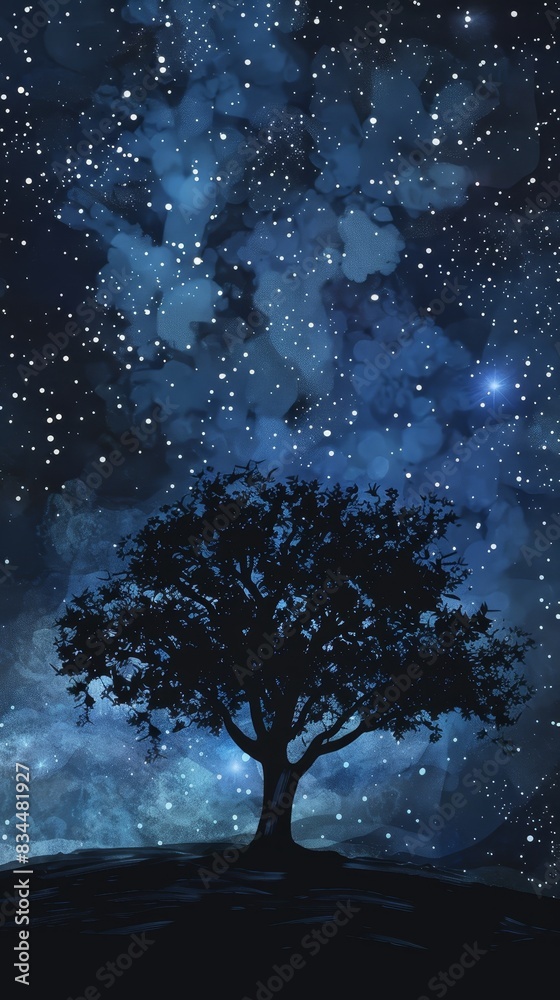 Watercolor illustration of a single tree silhouetted against a starry Milky Way Watercolor illustration of a single tree silhouetted against a starry Milky Way