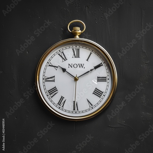 A round wall clock with the word "NOW" on the face, reminding us to live in the present