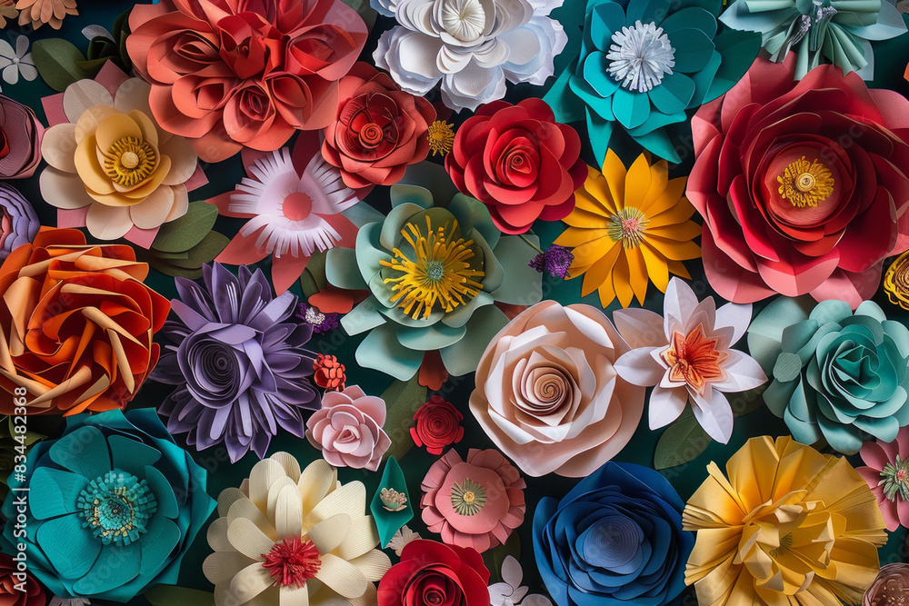 A dense arrangement of paper flowers in various colors and designs, filling the entire frame. The flowers display intricate details and vibrant hues, creating a beautiful and artistic background. 