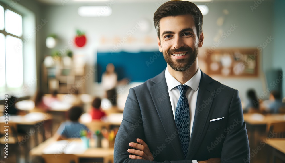 image of a teacher standing and smiling with a classroom in the background. image of a teacher standing and smiling with a classroom in the background.