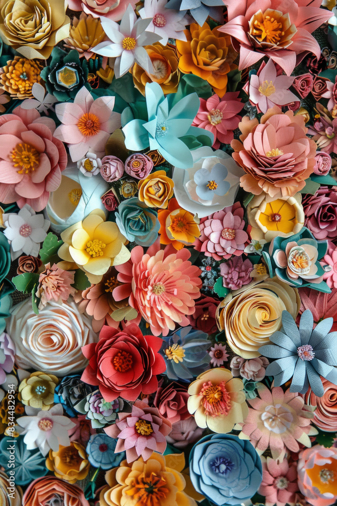A dense arrangement of paper flowers in various colors and designs, filling the entire frame. The flowers display intricate details and vibrant hues, creating a beautiful and artistic background. A dense arrangement of paper flowers in various colors and designs, filling the entire frame. The flowers display intricate details and vibrant hues, creating a beautiful and artistic background.
