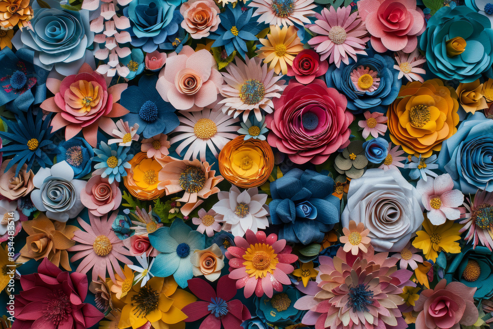 A dense arrangement of paper flowers in various colors and designs, filling the entire frame. The flowers display intricate details and vibrant hues, creating a beautiful and artistic background. A dense arrangement of paper flowers in various colors and designs, filling the entire frame. The flowers display intricate details and vibrant hues, creating a beautiful and artistic background.