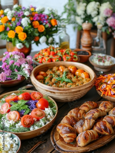 Eid Al-Adha food spread features diverse dishes with vibrant presentations, traditional recipes, festive tables, colorful ingredients, and a joyous atmosphere