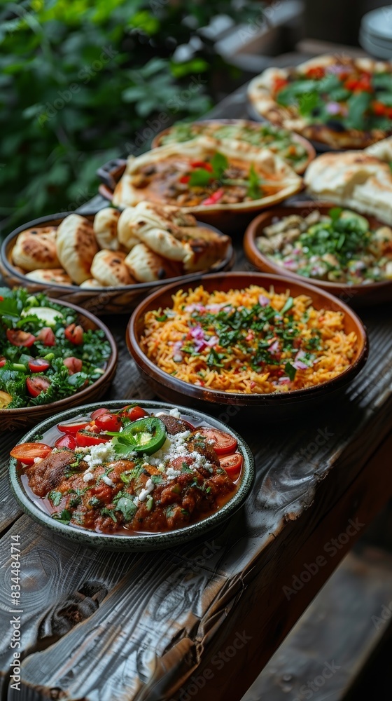 Eid Al-Adha features a diverse food spread with vibrant presentation, traditional recipes, colorful ingredients, and a joyous atmosphere Eid Al-Adha features a diverse food spread with vibrant presentation, traditional recipes, colorful ingredients, and a joyous atmosphere